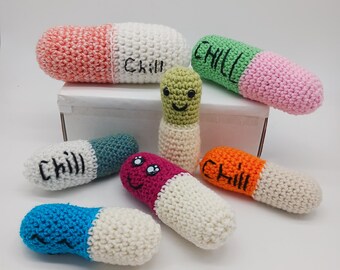 Plush Happy Pills, Amigurumi Chill Pill, stress relief toy, cute gag gift / stocking stuffer