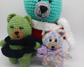 Plush bear with scarf, colorful bear, green bear with black skirt, pastel bear