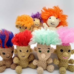 Troll doll, troll with purple hair, troll with red hair, purple troll, red troll, crocheted amigurumi troll doll, orange troll, knit troll