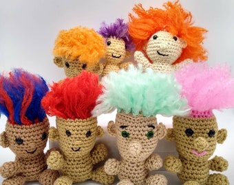 Troll doll, troll with purple hair, troll with red hair, purple troll, red troll, crocheted amigurumi troll doll, orange troll, knit troll