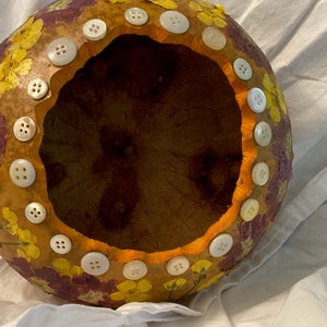 Unique pressed flowers, gourd bowl made from canteen gourd, yellow, buttons, 7.5" diameter