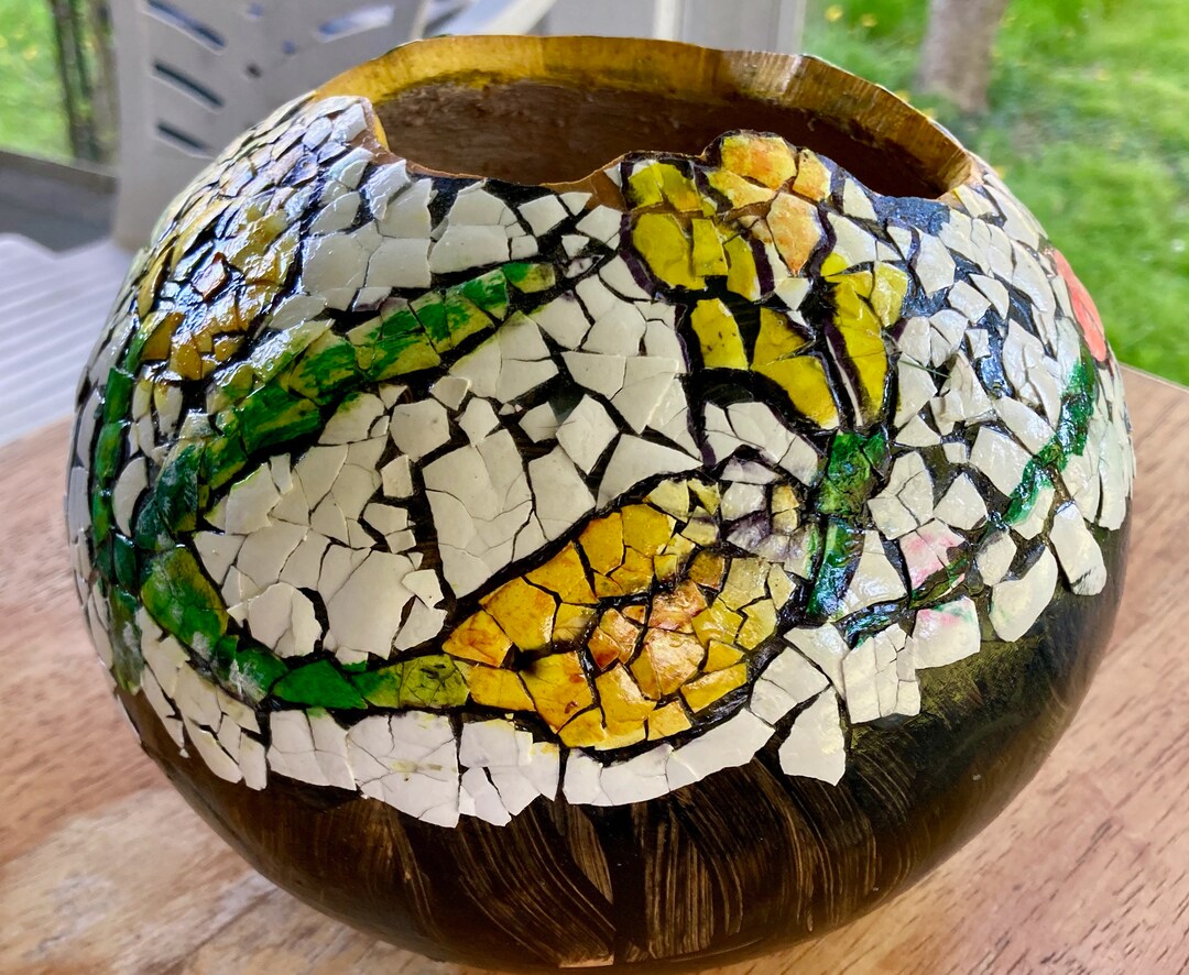 Dried Medium Size Canteen Gourd With Eggshell Decoupage Etsy