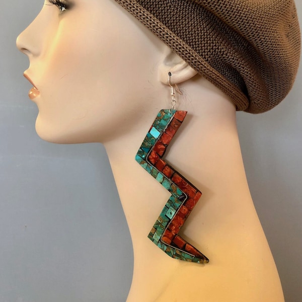 Native made LIGHTENING inlay/mosic earrings dramatic Santo Domingo New Mexico Turquoise Coral silver 5" drop Free gift pouch + ship UNISEX