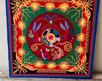 Collectors Huichol yarn painting - Cristobal Gonzales - Nierica/ Huichol Symbol Mandala  24" x 24" Free Shipping