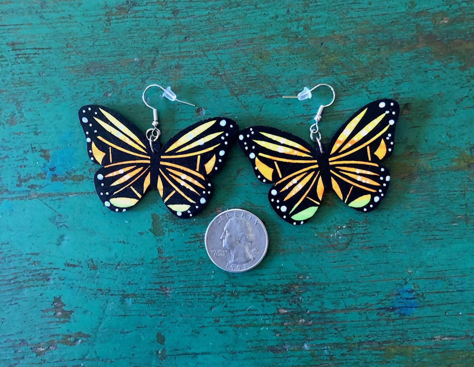 Hand painted Butterfly Earrings in Jade and Navy