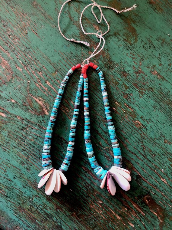 Awesome Vintage Native American Navajo Kingman Turquoise Coral White Shell 4 Strand Jacla Awesome Vintage Native American Navajo Kingman Turquoise Coral White Shell 4 Strand Jacla