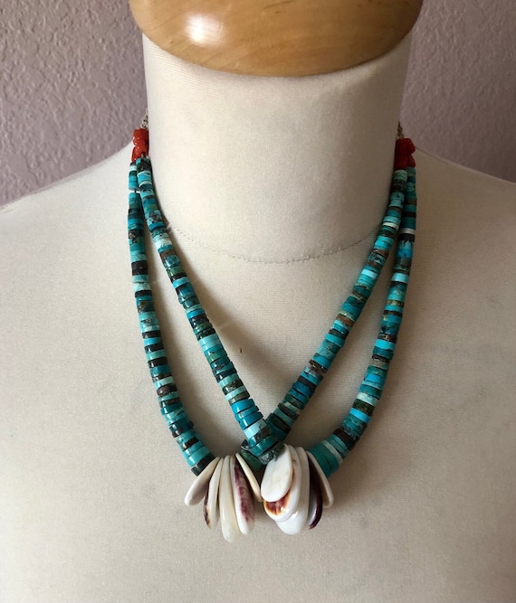 Native American Beautiful Vintage Santo Domingo Kingman Turquoise Shell 6 Strand Necklace Native American Beautiful Vintage Santo Domingo Kingman Turquoise Shell 6 Strand Necklace