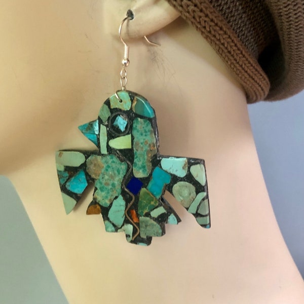 Native made Thunderbird inlay/mosic earrings dramatic Santo Domingo New Mexico Turquoise lapiz silver 3" drop Free giftbox + ship UNISEX