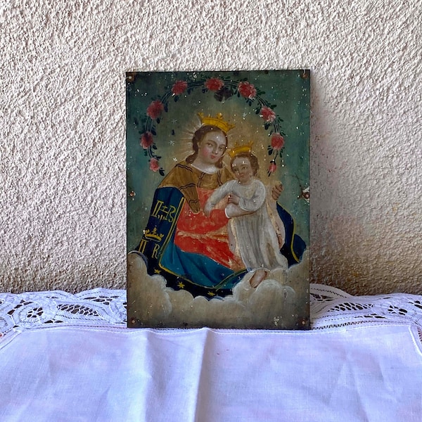 Antique Mexican Retablo -religious painting on tin - Virgin del Rosario + Christ child - small  5" x 7"