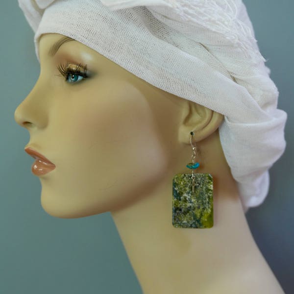 SALE Native-made green serpentine slab dangle  earrings + silver cross Santo Domingo New Mexico drop 2 3/4" GiftBox - Free Shipping