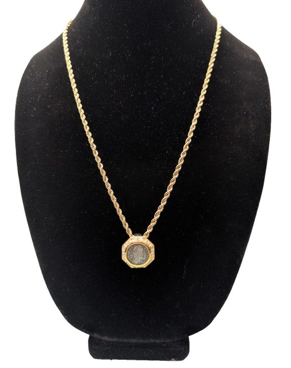 Vintage CINER Coin Pendant Necklace Scarf Slide Swarovski Crystals - Gold Plated View 6