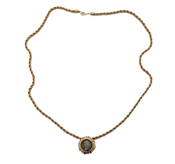 Vintage CINER Coin Pendant Necklace Scarf Slide Swarovski Crystals - Gold Plated View 4