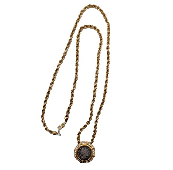 Vintage CINER Coin Pendant Necklace Scarf Slide Swarovski Crystals - Gold Plated View 5