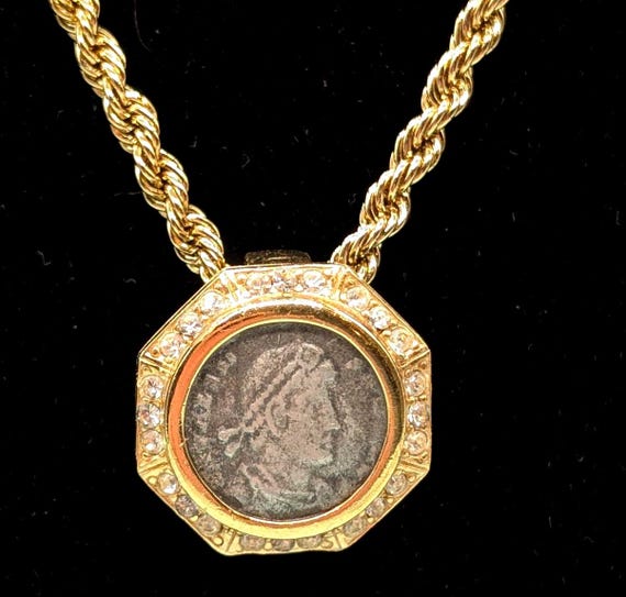 Vintage CINER Coin Pendant Necklace Scarf Slide Swarovski Crystals - Gold Plated