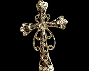 Vintage Rhinestone Cruz Broche Tono Plata