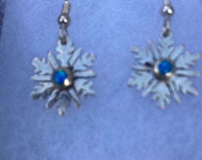 Snowflake earrings w/created blue opals sterling silver by mountainman