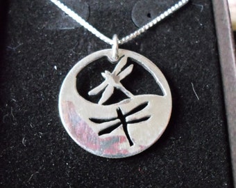 Reflection necklace two dragonflies w/sterling silver chain hand pierced original by Mountain man