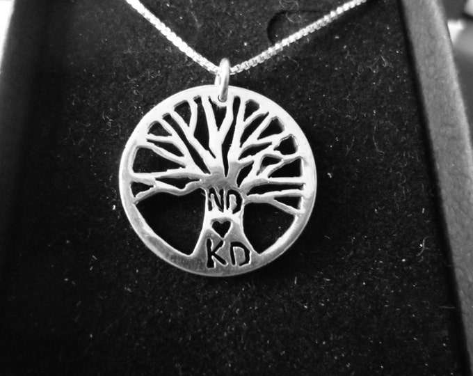 Tree of life necklace with initials quarter size w/sterling silver chain