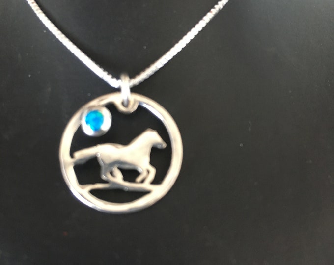 Horse necklace w/blue opal dime size w/sterling silver chain
