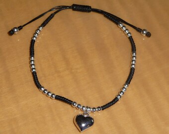 Macrame Bracelet with Sterling Silver Heart Surrounded by  Sterling Silver Beads