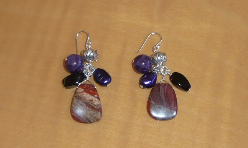 Healing Handmade Silver Dangle Wire Earrings w Genuine Amethyst, Poppy Jasper, Rhodonite, Black Agate, Purple Pearl, & Sterling Silver Beads image 2