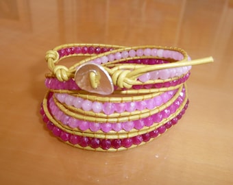 5 Wrap Mustard Leather Bracelet w/ a Sterling Silver Button for Closure Red & Fuchsia Jade with Ruby and Fuchsia Quartz Beads  35"-36"