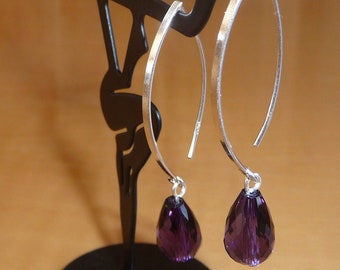 Handmade Sterling Silver Wire Earrings with Faceted Purple Pear Shaped Czech Glass