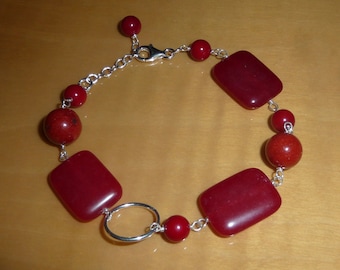 Healing Sterling Silver Linked Adjustable Bracelet w/ Genuine Red Agate Red Jade and Red Coral Beads