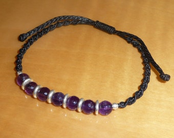 Handcrafted Black Macrame Bracelet With Faceted Amethyst Beads and Polished 925 Sterling Silver Beads