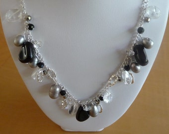 Healing Handmade Sterling Silver Dangle Charm Necklace w/ Genuine Black Agate, Crystals, Rock Quartz, & Grey Pearl Beads