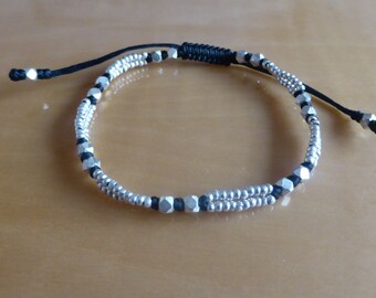 Handcrafted Black Macrame Waxed Cotton Bracelet with Sterling Silver Faceted Cuboid & Round Beads