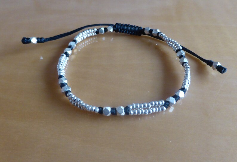 Handcrafted Black Macrame Waxed Cotton Bracelet with Sterling Silver Faceted Cuboid & Round Beads image 1