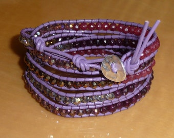 5 Wrap Purple Leather Bracelet with Sterling Silver Button for closure Genuine Swarovski Crystals and Quartz Beads 35"-36"