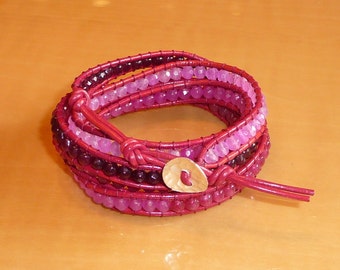 5 Wrap Red Leather Bracelet with Sterling silver Button Genuine Red Jade and Red Fuchsia & Garnet Quartz Beads 35"-36"
