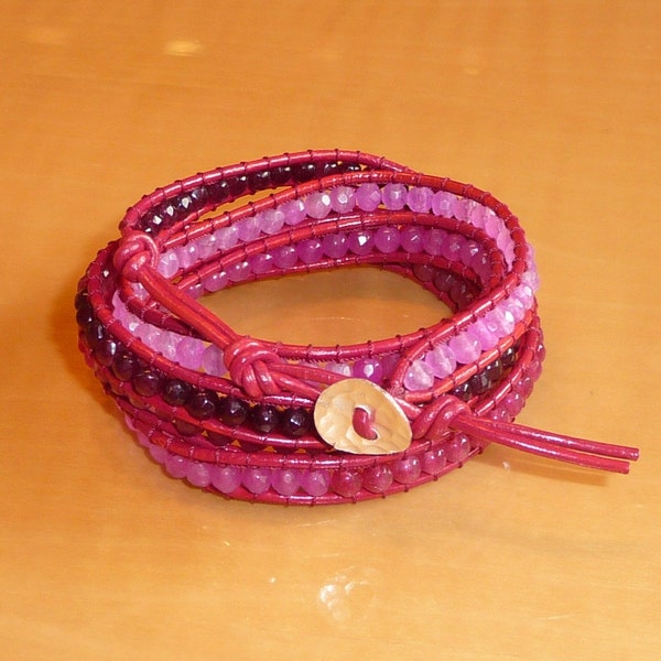 5 Wrap Red Leather Bracelet with Sterling silver Button Genuine Red Jade and Red Fuchsia & Garnet Quartz Beads 35"-36"