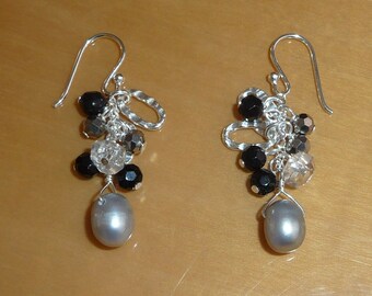 Healing Handmade Sterling Silver Dangle Wire Earrings with Genuine Black Agate Crystals Rock Quartz & Grey Pearl