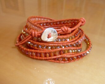 5 Wrap Sienna Leather Bracelet w/ a Sterling Silver Button for Closure Red Aventurine & Carnelian with Smoky Topaz Crystal Beads  35"-36"