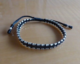 Handcrafted Polished Sterling Silver  Black Macrame Bracelet with Double Row Sterling Silver Cylinder Beads