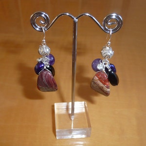 Healing Handmade Silver Dangle Wire Earrings w Genuine Amethyst, Poppy Jasper, Rhodonite, Black Agate, Purple Pearl, & Sterling Silver Beads image 1