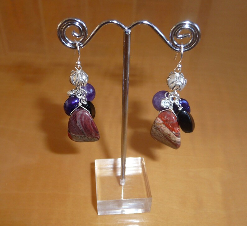 Healing Handmade Silver Dangle Wire Earrings w Genuine Amethyst, Poppy Jasper, Rhodonite, Black Agate, Purple Pearl, & Sterling Silver Beads image 1