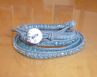 5 Wrap Grey Leather Bracelet w/ a Sterling Silver Button for Closure Aquamarine Blue Swarovski Crystals &  Blue  Quartz  Beads 35"-36"