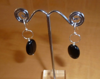 Healing Sterling Silver Dangle Wire Earrings with Genuine Black Agate Oval  Beads