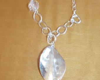 Adjustable Sterling Silver Necklace w/ Twisted Brushed Shiny Oval Shaped Sterling Drop Pendant and Rock Quartz Accent Bead