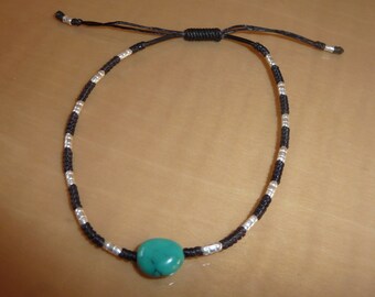 Brown Macrame Bracelet with Turquoise Gemstone & Sterling Silver Beads