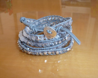 5 Wrap Grey Leather Bracelet w/ a Sterling Silver Button for Closure Silver and Clear  Swarovski Crystals &  White Jade Beads 35"-36"