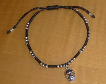 Sterling Silver Skull & Bicone Beads on Adjustable Brown Macrame Bracelet OSFM