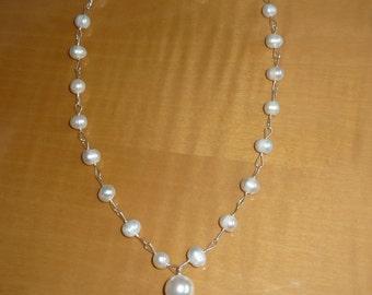 Wedding Handmade Linked Sterling Silver  Necklace with Culture White Freshwater Pearls and Dangle Silver Charm