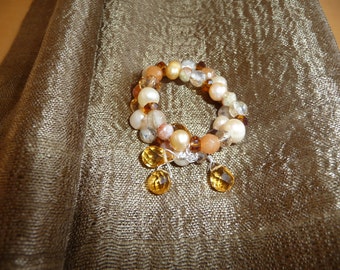 Healing Handmade Scarf Charm with Genuine Peach and Champagne Pearls~Citrine  Crystals ~ Unakite & Quartz Beads W/ FREE SILK SCARF!