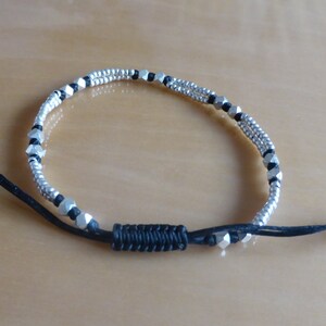 Handcrafted Black Macrame Waxed Cotton Bracelet with Sterling Silver Faceted Cuboid & Round Beads image 2