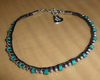 Handmade Genuine Turquoise & Sterling Silver Beaded Brown Macrame Bracelet w/ Peace Stamped Heart
